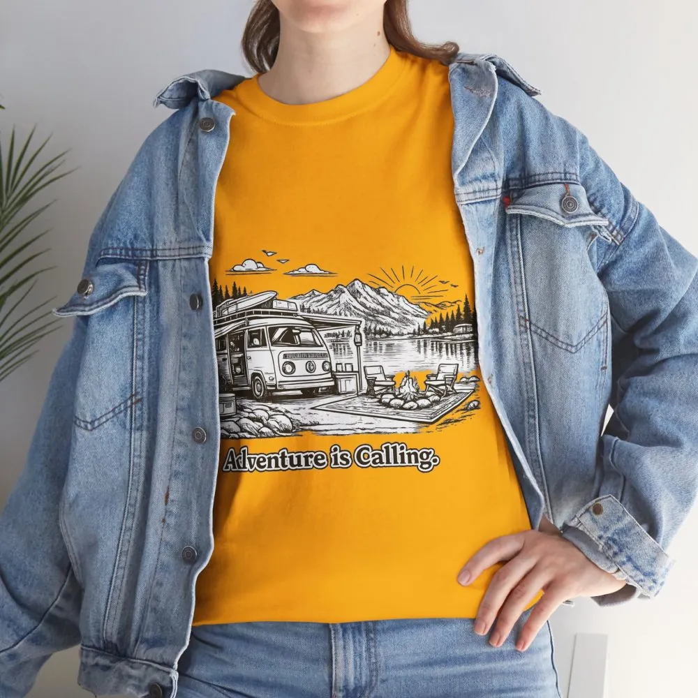 Unisex Heavy Cotton Tee — "Adventure Is Calling" Design Minimal-Line