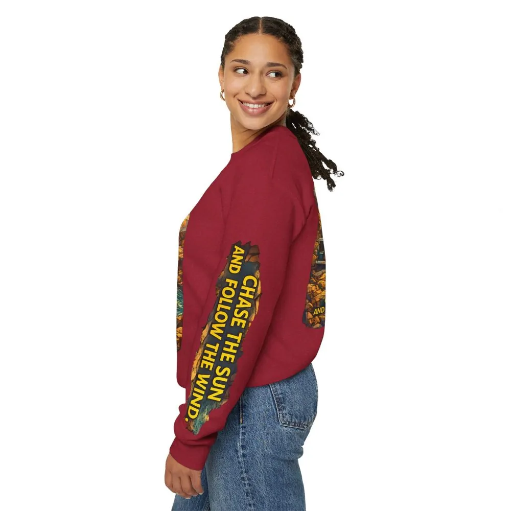 Unisex Heavy Blend™ Crewneck Sweatshirt — "Chase The Sun And Follow The Wind" Design Cubic-Line