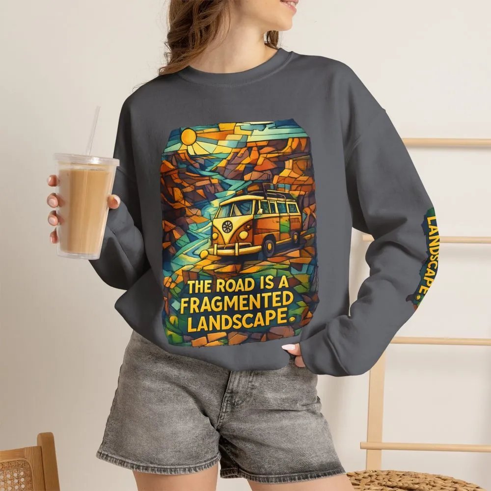 Unisex Heavy Blend™ Crewneck Sweatshirt — "The Road Is A Fragmented Landscape" Design Cubic-Line