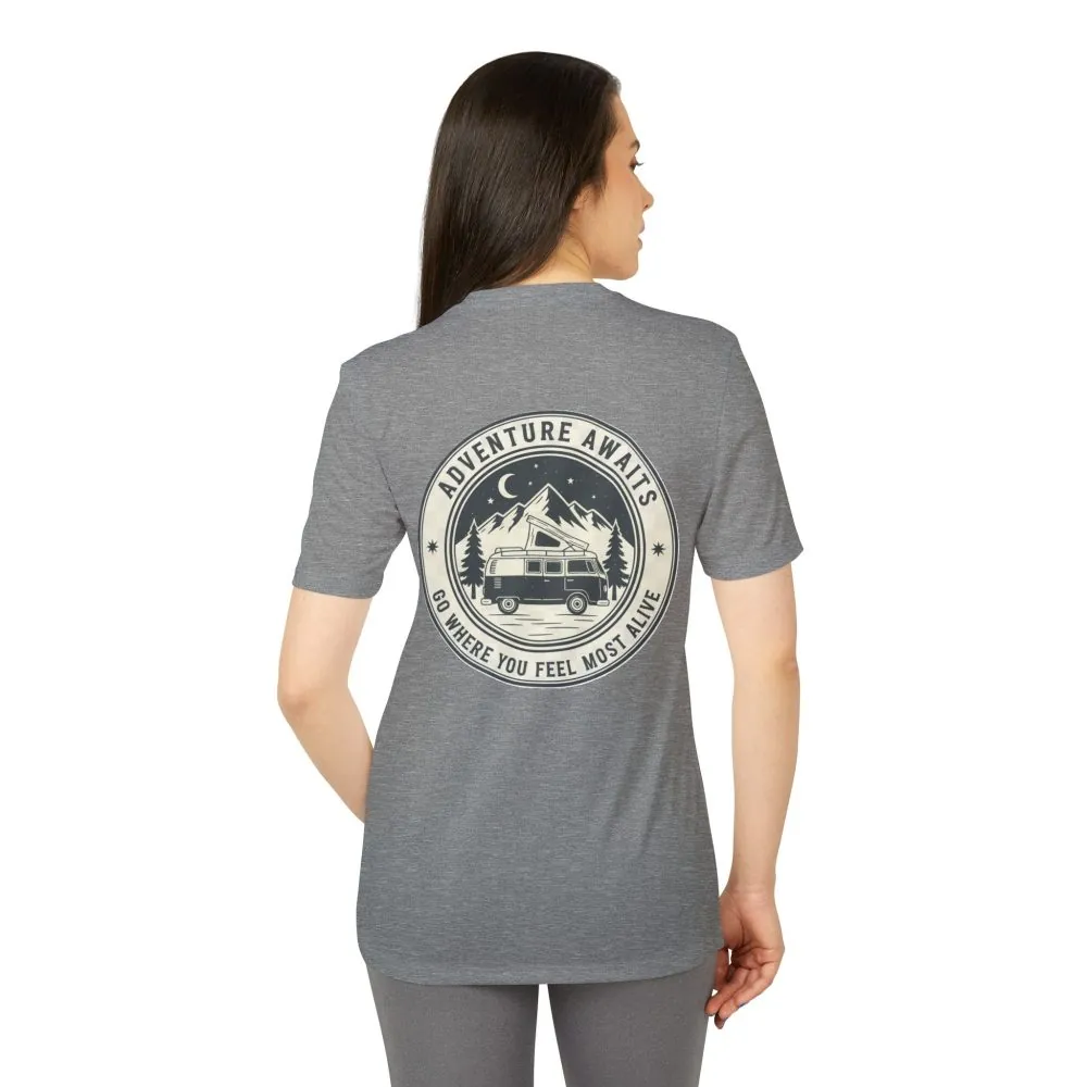 T-Shirt(Adidas) - 'Adventure Awaits-Go Where You Feel Most Alive' (Front + back printed)