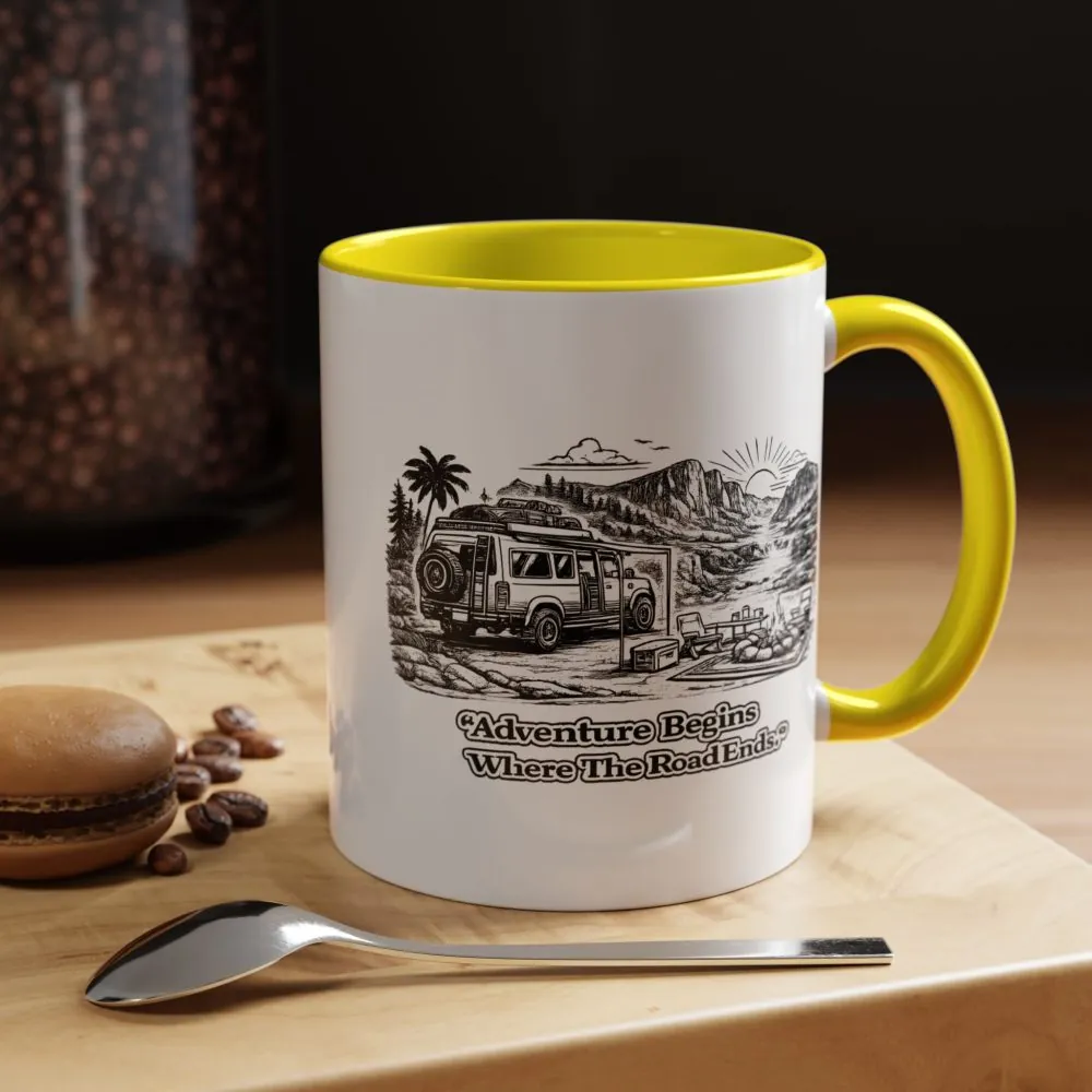 Accent Coffee Mug (11, 15oz) — "Adventure Begins Where The Road Ends" Design Minimal-Line