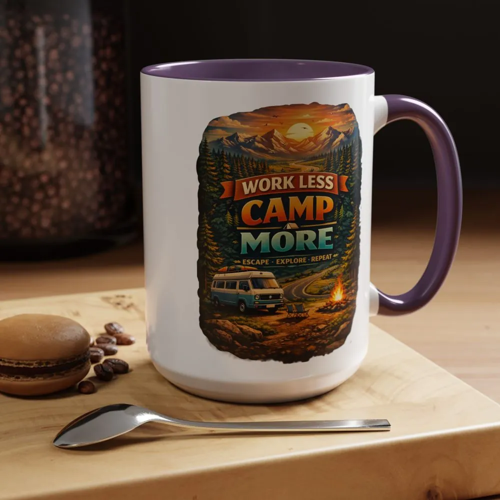 Accent Coffee Mug (11, 15oz) — "Work Less-Camp More" Design Scenic-Line