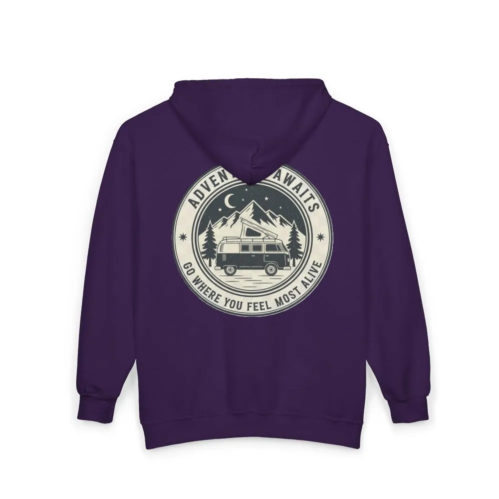 2466127388905153710_2048.jpeg Zip Hoodie — "Adventure Awaits-Go Where You Feel Most Alive" (Only Back Printed) Camper Van Adventure Zip-Up