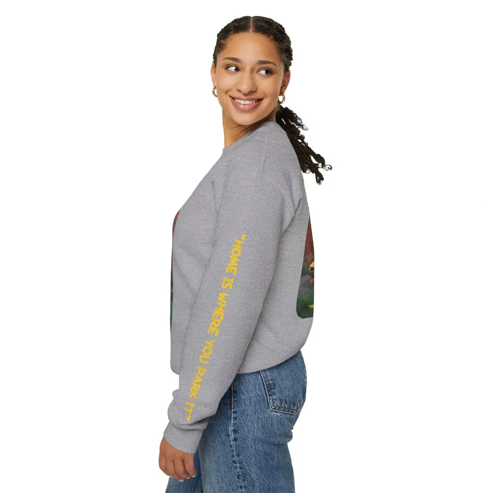 Unisex Heavy Blend™ Crewneck Sweatshirt — "Home Is Where You Park It" Design Sitcom-Line