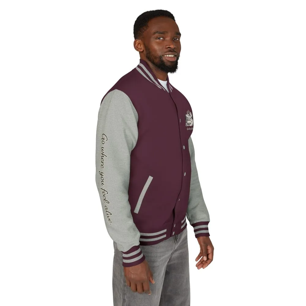 Unisex Heavyweight Letterman Jacket — "Go Where You Feel Alive" Travel Varsity Coat