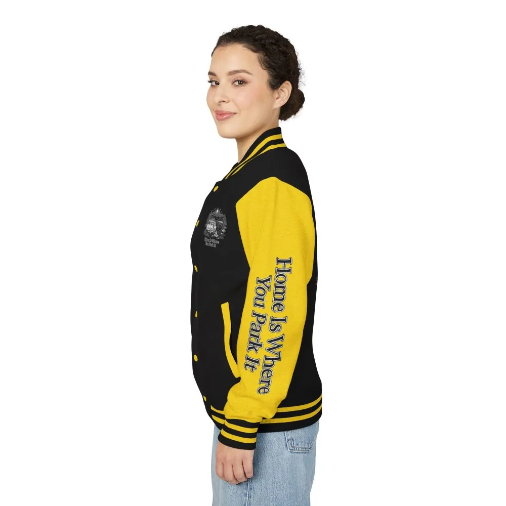 Unisex Heavyweight Letterman Jacket — "Home Is Where You Park It" Travel Varsity Coat