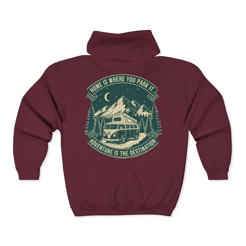2470729645527945790_2048.jpeg Zip Hoodie — "Home Is Where You Park It-Adventure is the destination"(Front + Back Printed) Camper Van Adventure Zip-Up