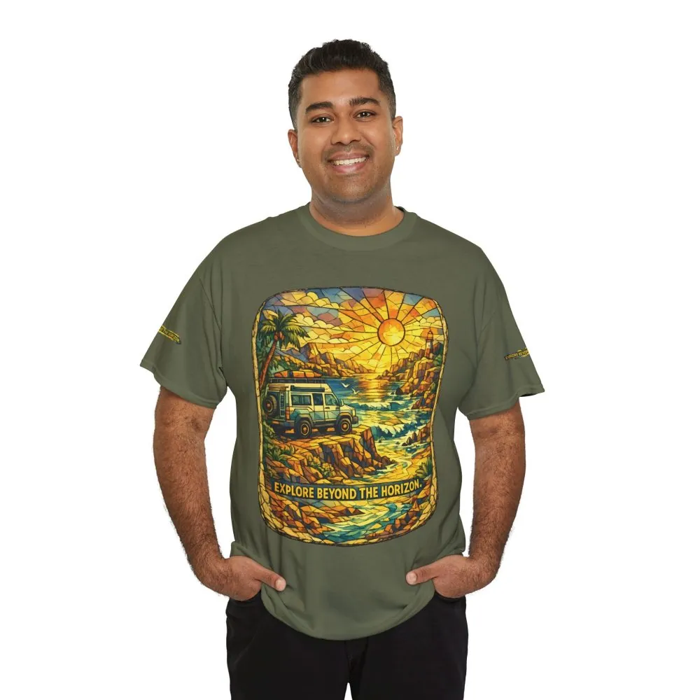 Unisex Heavy Cotton Tee — "Explore Beyond The Horizon" Design Cubic-Line
