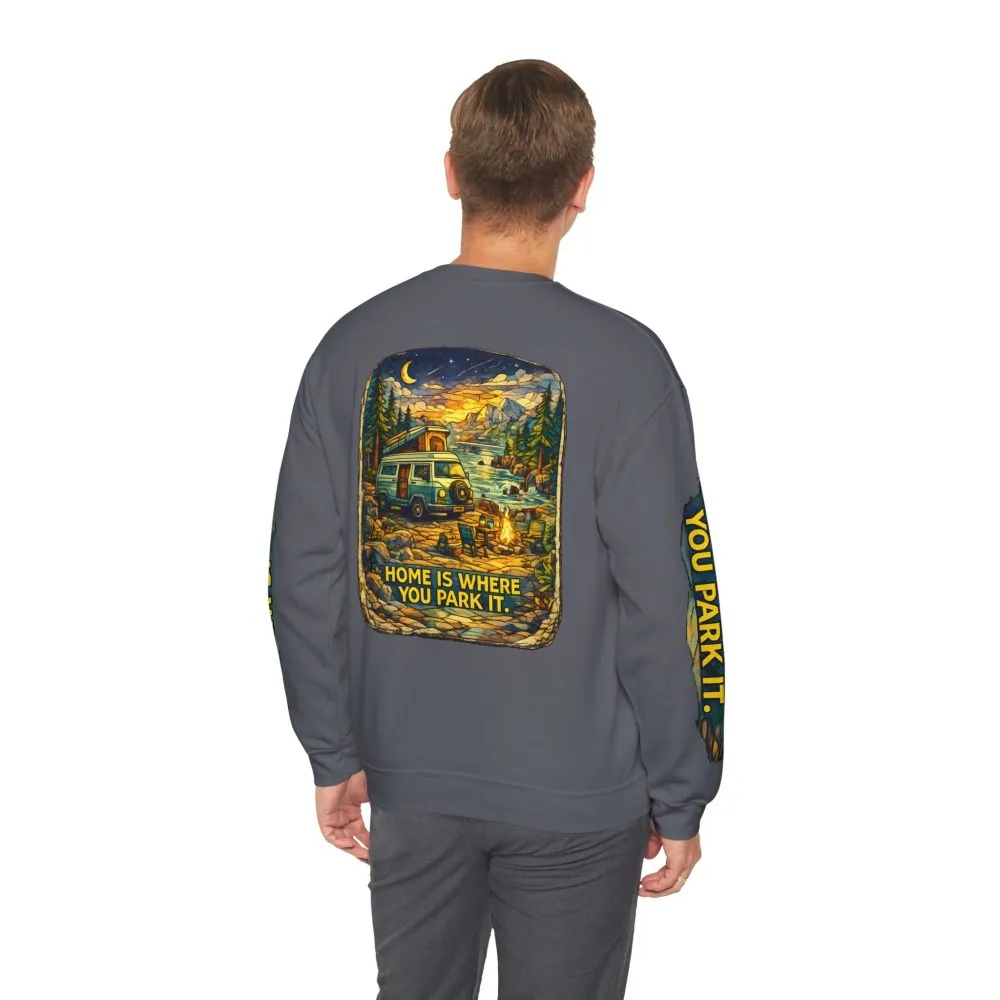 Unisex Heavy Blend™ Crewneck Sweatshirt — "Home Is Where You Park It" Design Cubic-Line