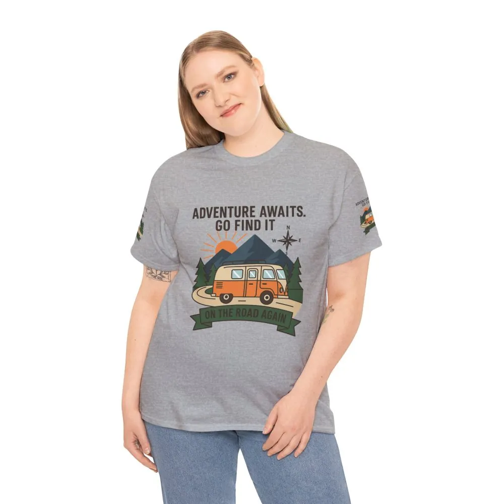 Unisex Heavy Cotton Tee — 'Adventure Awaits. Go Find It' Camper Van T‑Shirt