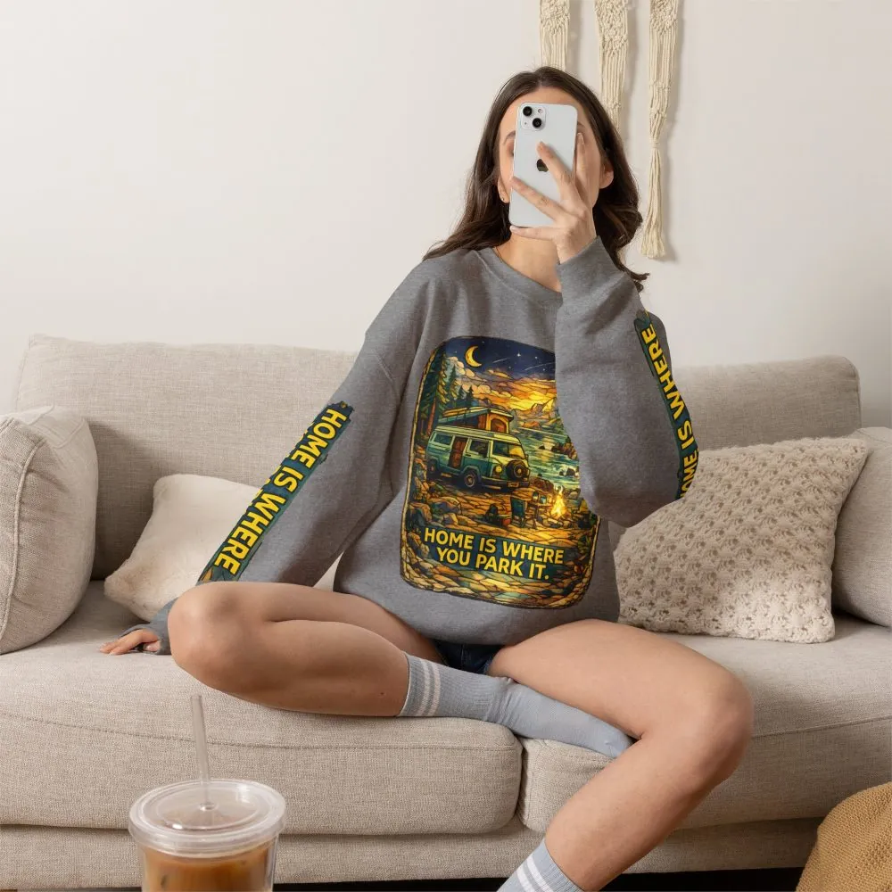 Unisex Heavy Blend™ Crewneck Sweatshirt — "Home Is Where You Park It" Design Cubic-Line