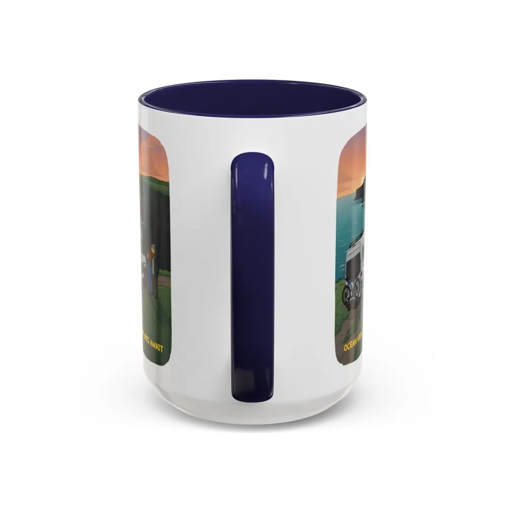 Accent Coffee Mug (11, 15oz) — "Ocean Views-Adventures Awaits" Design Sitcom-Line