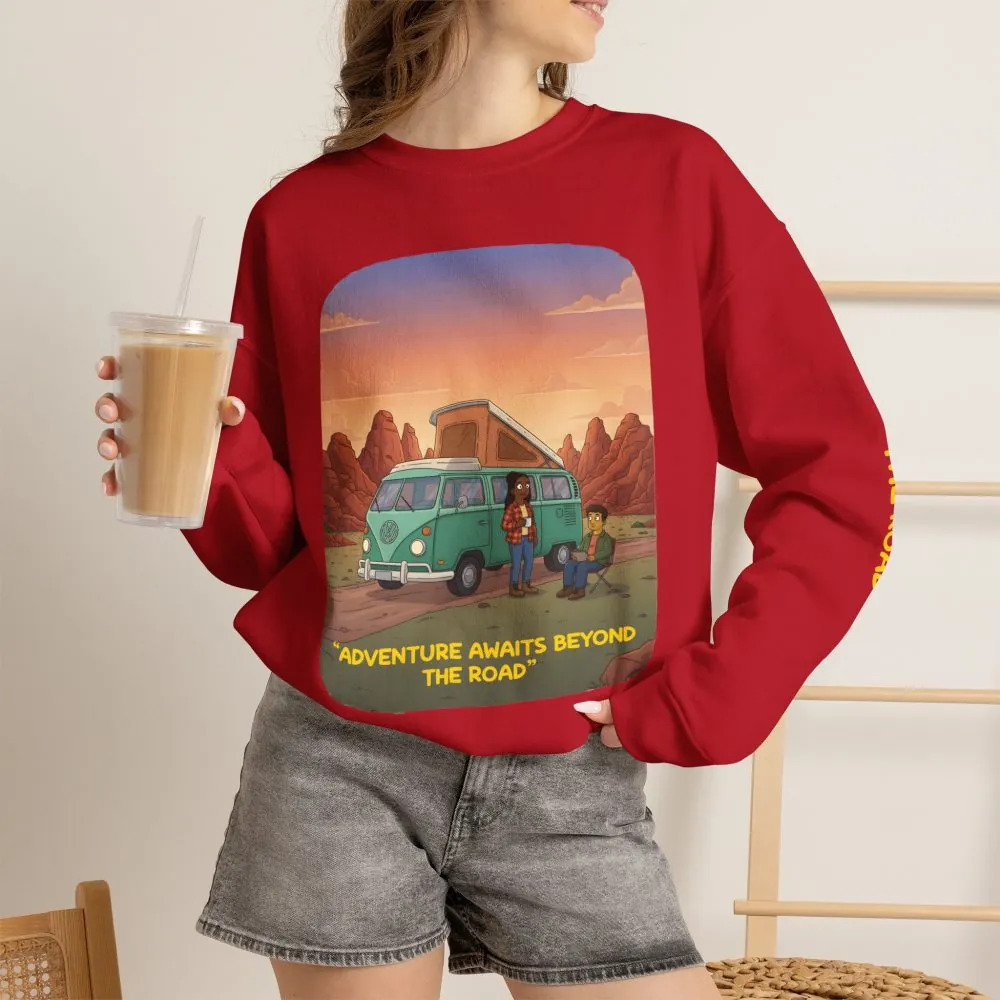 2499389824580370339_2048.jpeg Unisex Heavy Blend™ Crewneck Sweatshirt — "Adventure Awaits Beyond The Road" Design Sitcom-Line