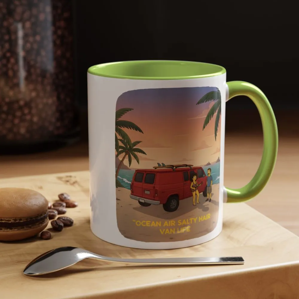 Accent Coffee Mug (11, 15oz) — "Ocean Air Salty Hair Van Life" Design Sitcom-Line