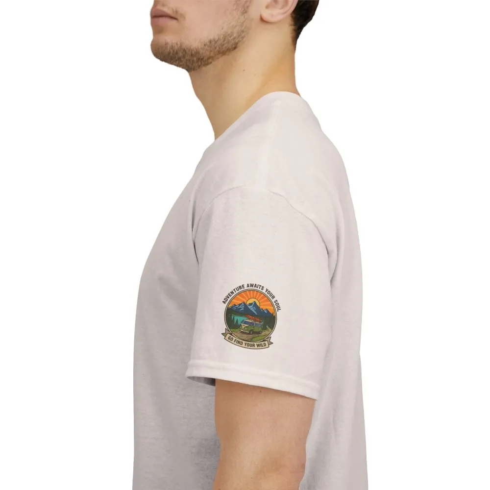 Unisex Heavy Cotton Tee — “Adventure Awaits Your Soul: Go Find Your Wild” Van & Mountain Graphic