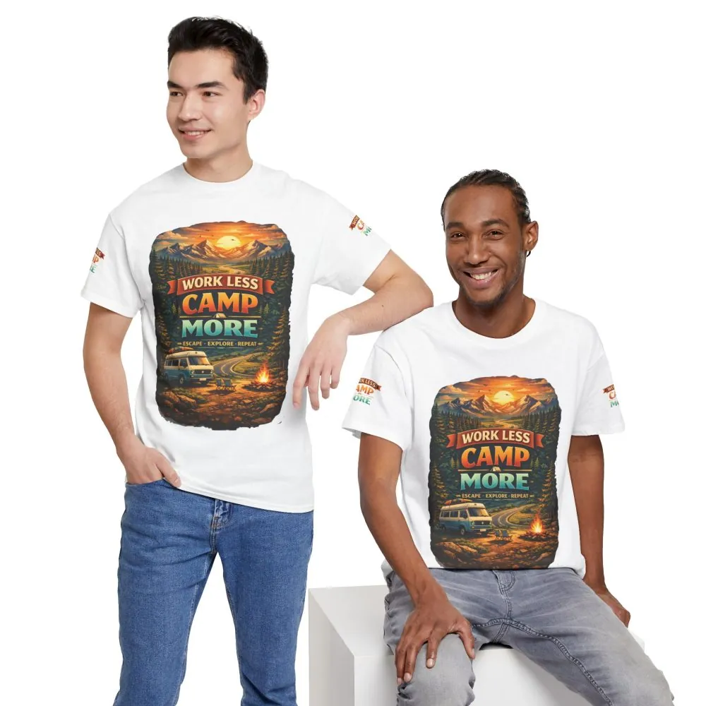 Unisex Heavy Cotton Tee — "Work Less Camp More" Design Scenic-Line