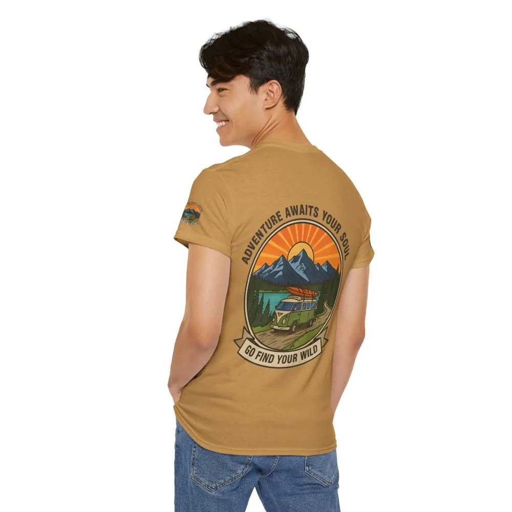 Unisex Heavy Cotton Tee — “Adventure Awaits Your Soul: Go Find Your Wild” Van & Mountain Graphic