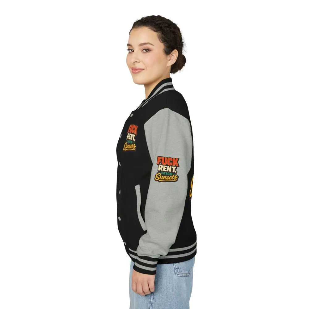 Unisex Heavyweight Letterman Jacket — "Fuck Rent Catch Sunsets" Design F**K-Line