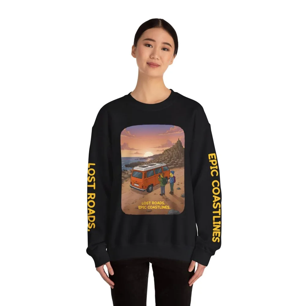 Unisex Heavy Blend™ Crewneck Sweatshirt — "Lost Roads Epic Coastlines" Design Sitcom-Line