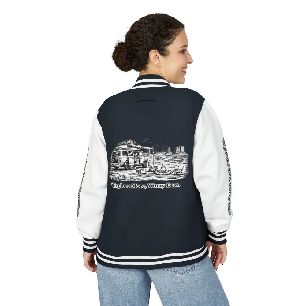 Unisex Heavyweight Letterman Jacket — "Explore More Worry Less" Travel Varsity Coat