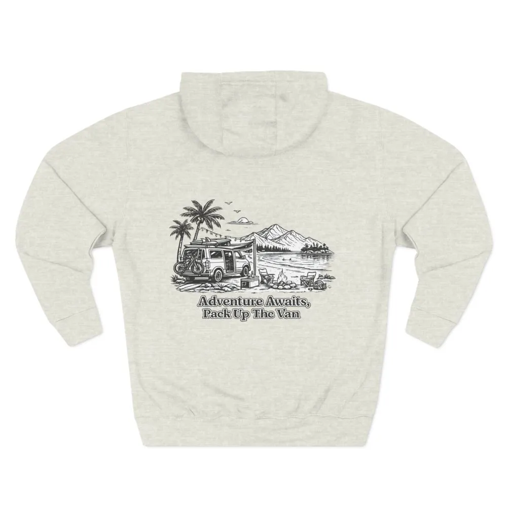 Three-Panel Fleece Hoodie - "Adventure Awaits,Pack Up The Van" Design Minimal-Line