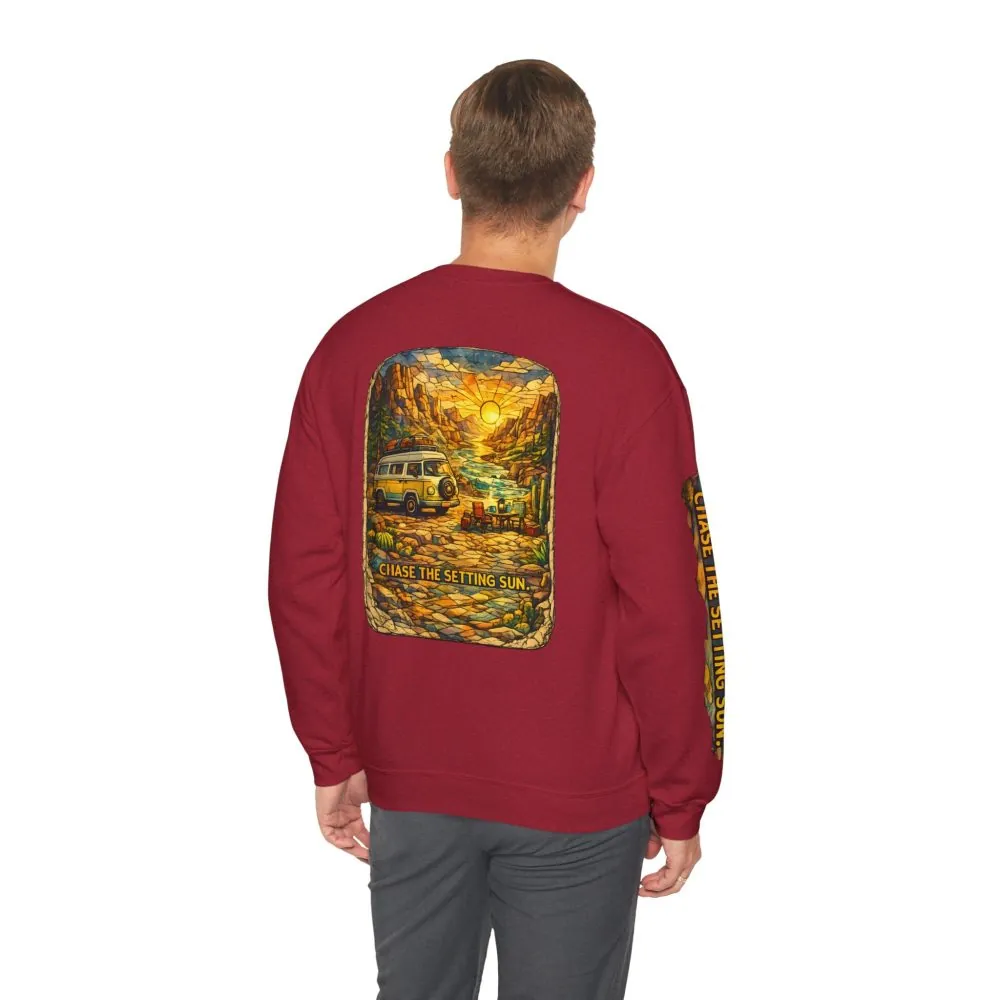 Unisex Heavy Blend™ Crewneck Sweatshirt — "Chase The Settings Sun" Design Cubic-Line