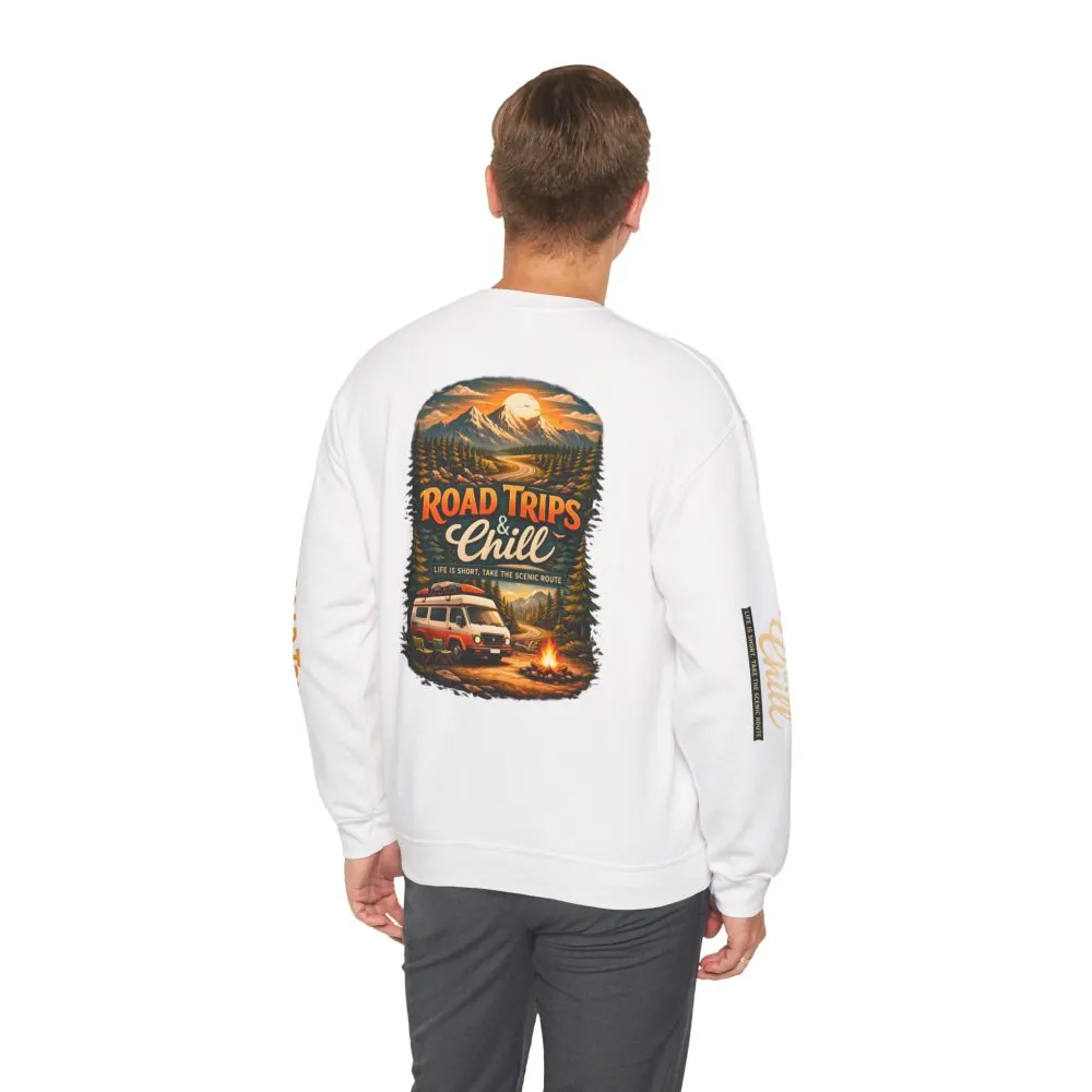 Unisex Heavy Blend™ Crewneck Sweatshirt — "Road Trips & Chill" Design Scenic-Line