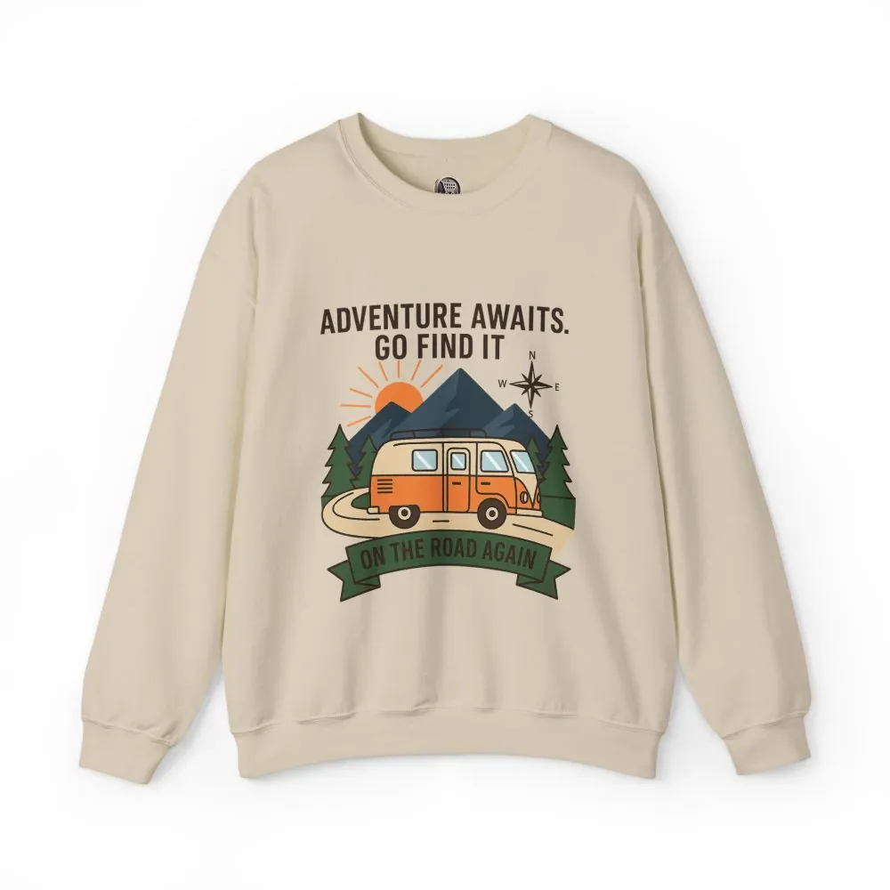 Crewneck Sweatshirt - "Adventure Awaits On The Road Again" Vintage Camper Van