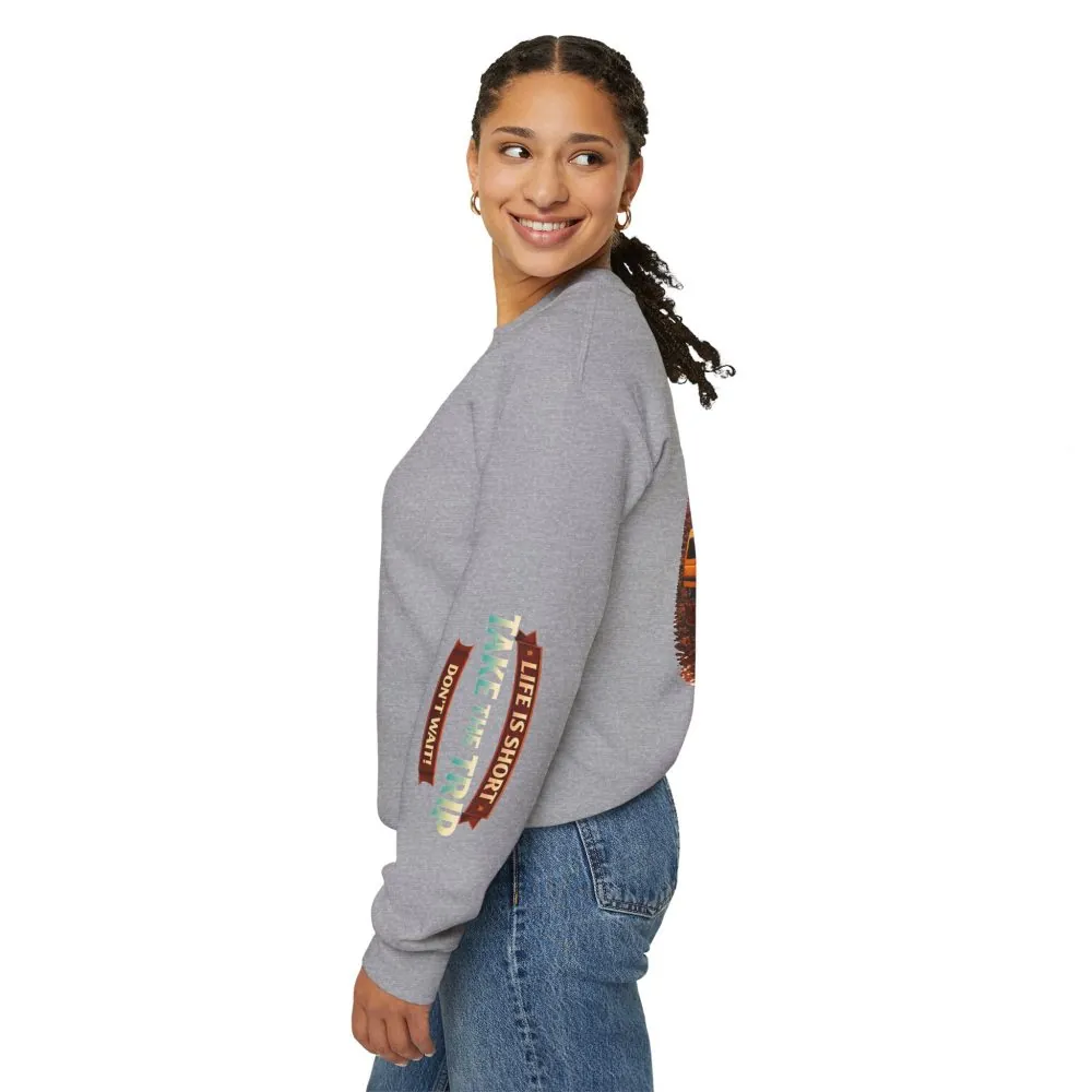 Unisex Heavy Blend™ Crewneck Sweatshirt — "Live Is Short Take The Trip" Design Scenic-Line