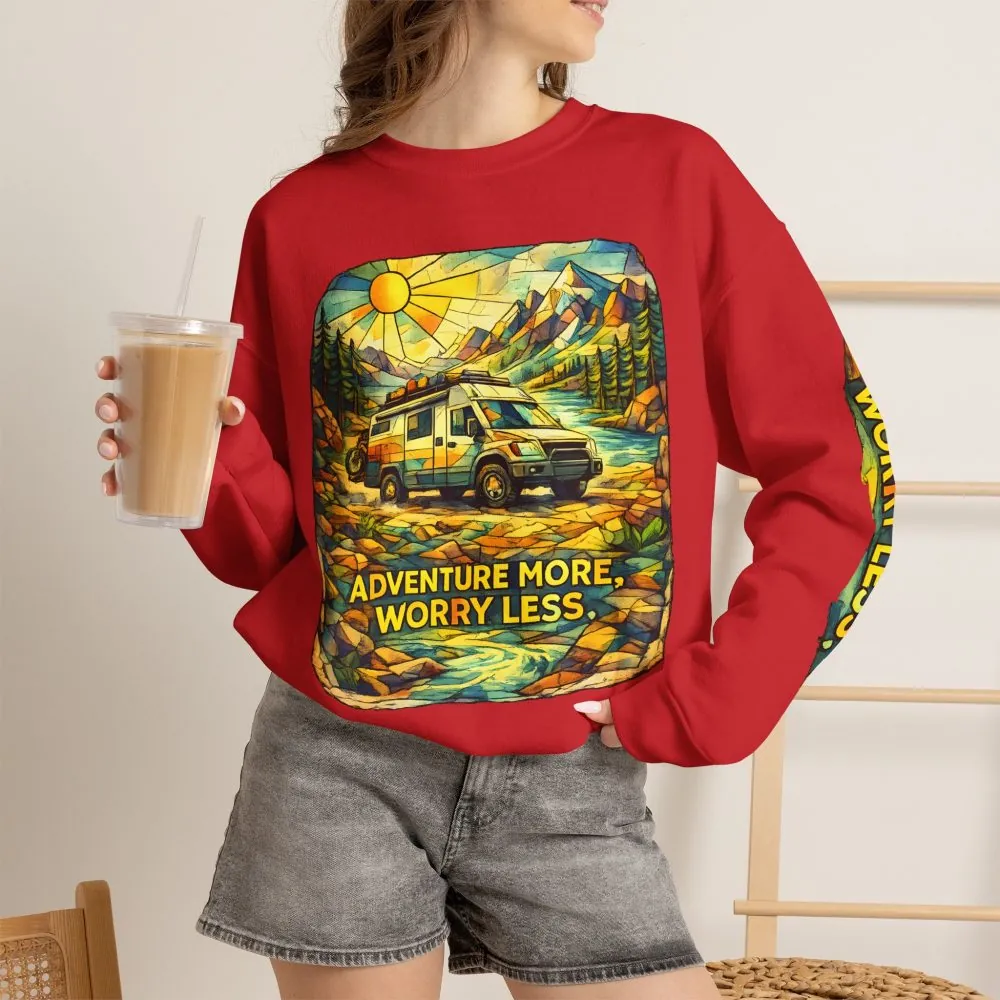 Unisex Heavy Blend™ Crewneck Sweatshirt — "Adventure More Worry Less" Design Cubic-Line