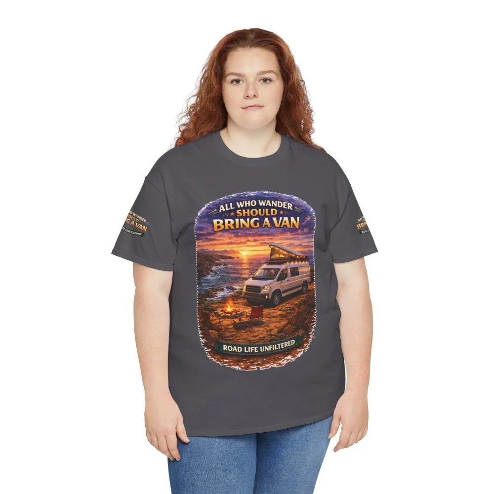 Unisex Heavy Cotton Tee — "All Who wander Should Bring A Van" Design Scenic-Line