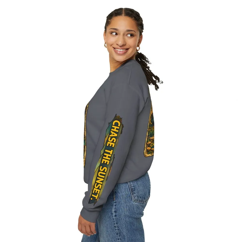 Unisex Heavy Blend™ Crewneck Sweatshirt — "Chase The Sunset" Design Cubic-Line