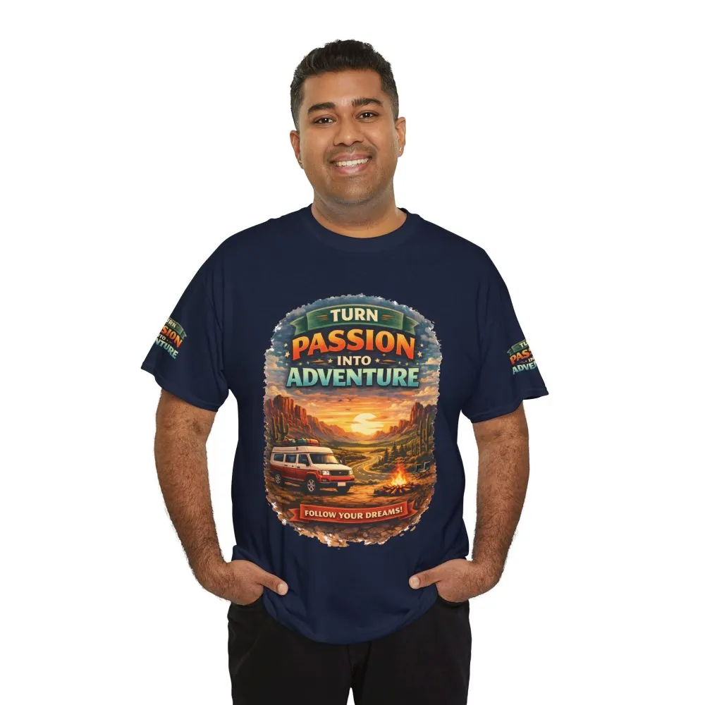 Unisex Heavy Cotton Tee — "Turn Passion Into Adventure" Design Scenic-Line