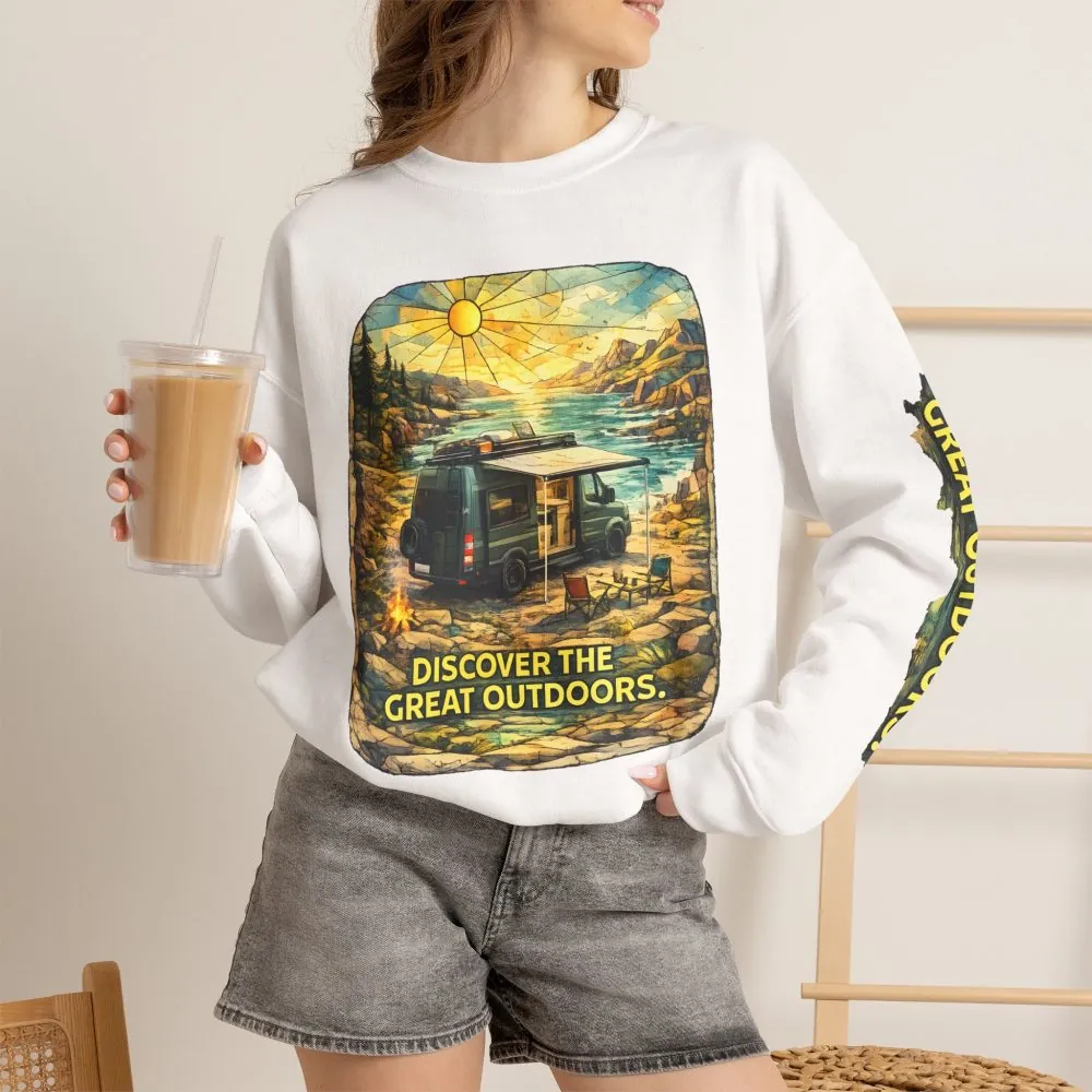 Unisex Heavy Blend™ Crewneck Sweatshirt — "Discover The Great Outdoors" Design Cubic-Line