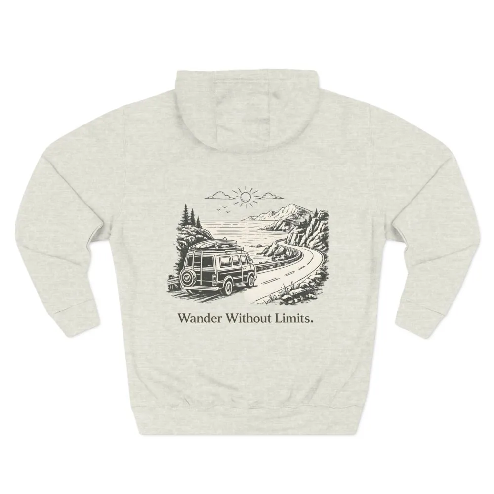 2620783923122396107_2048.jpeg Three-Panel Fleece Hoodie - "Wander Without Limits" Design Minimal-Line
