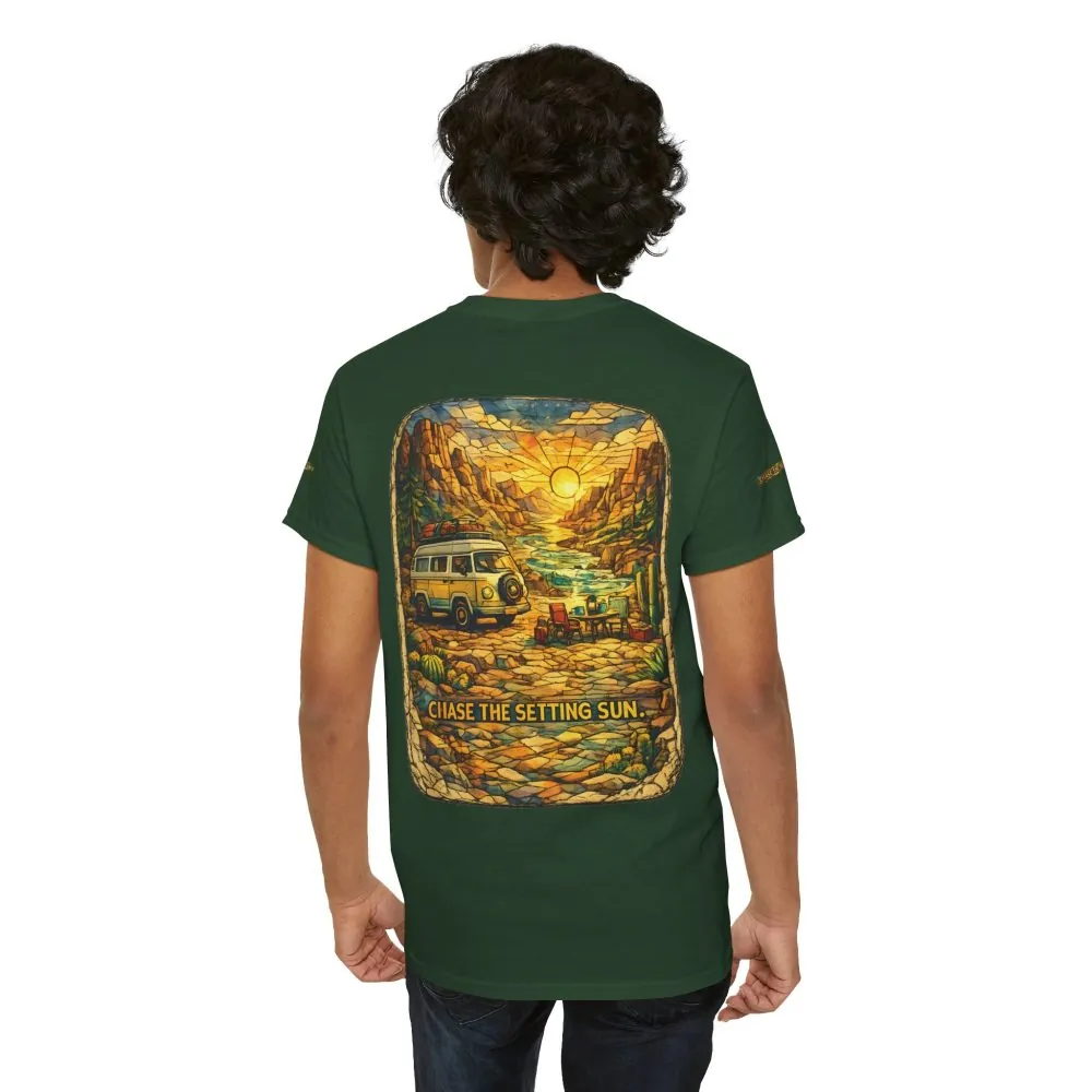 Unisex Heavy Cotton Tee — "Chase The Settings Sun" Design Cubic-Line