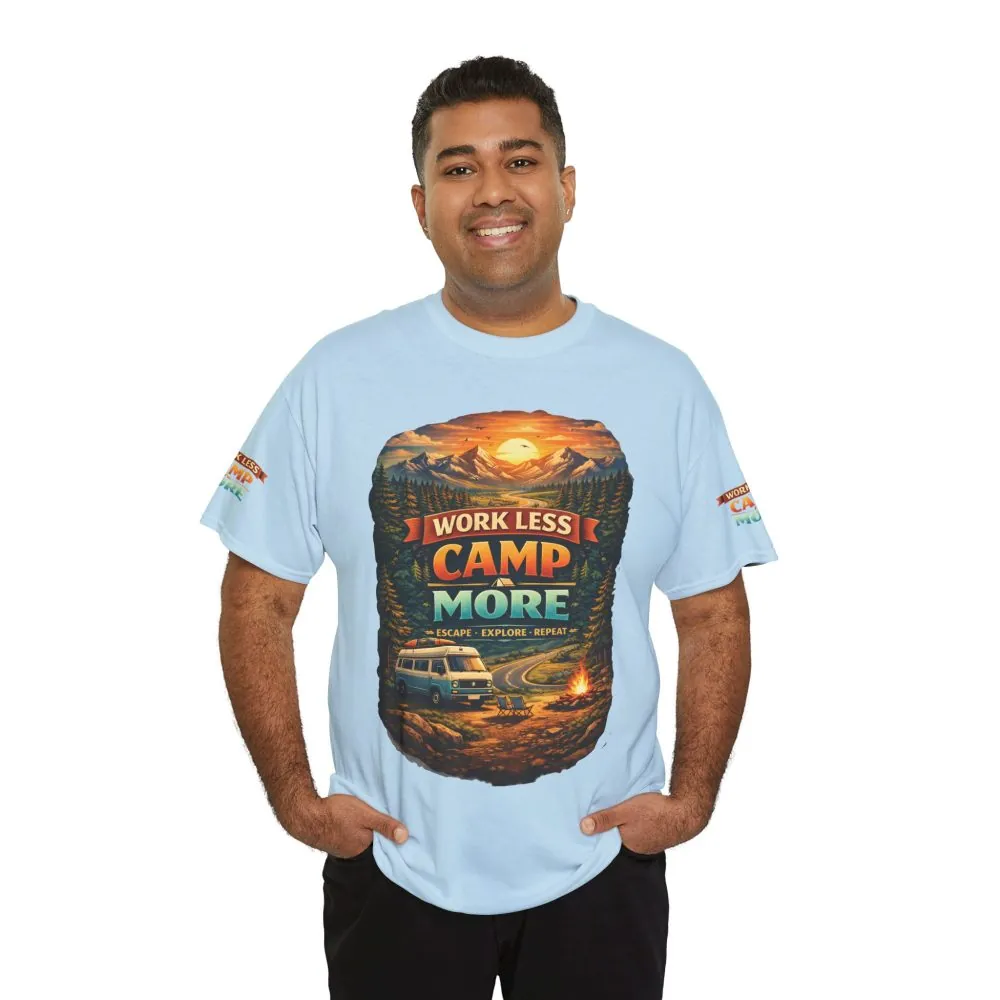 Unisex Heavy Cotton Tee — "Work Less-Camp More" Design Scenic-Line