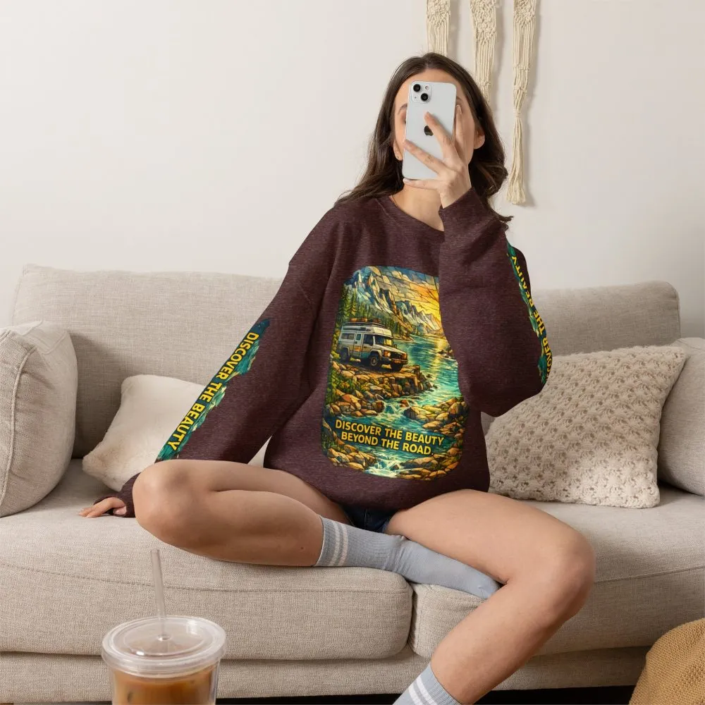 Unisex Heavy Blend™ Crewneck Sweatshirt — "Discover The Bieuty Beyond The Road" Design Cubic-Line