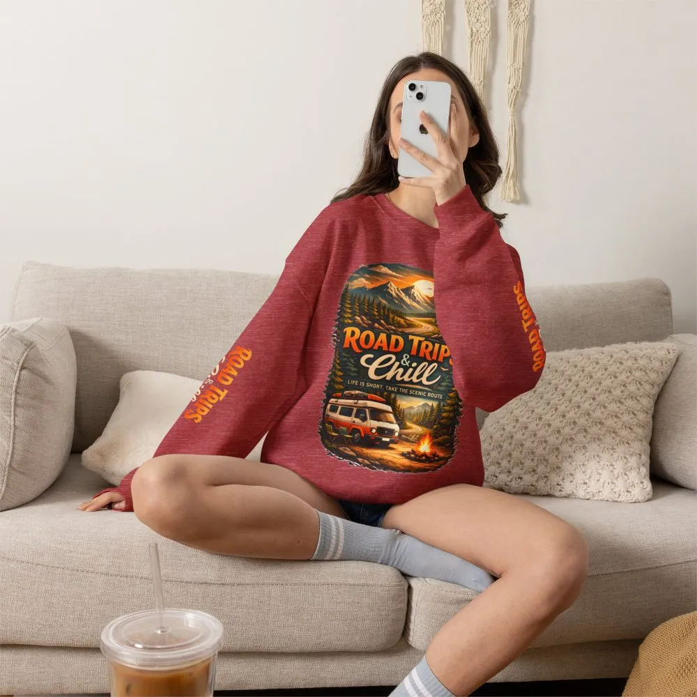 Unisex Heavy Blend™ Crewneck Sweatshirt — "Road Trips & Chill" Design Scenic-Line