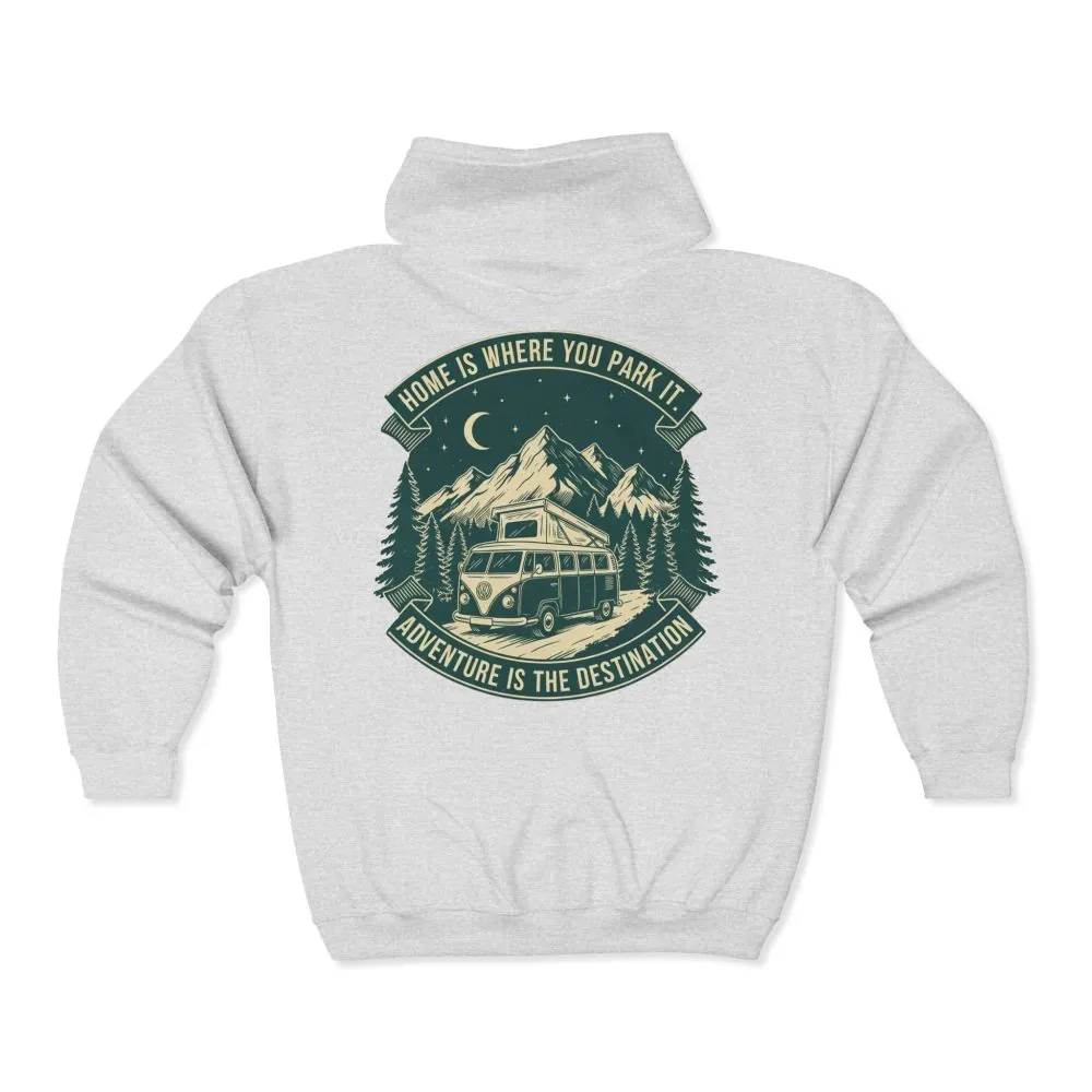 2667565224457357636_2048.jpeg Zip Hoodie — "Home Is Where You Park It-Adventure is the destination"(Front + Back Printed) Camper Van Adventure Zip-Up