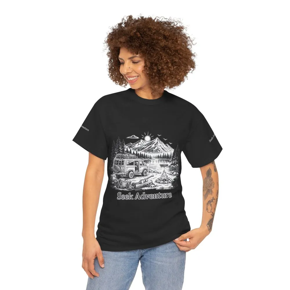 Unisex Heavy Cotton Tee — "Seek Adventure" Design Minimal-Line