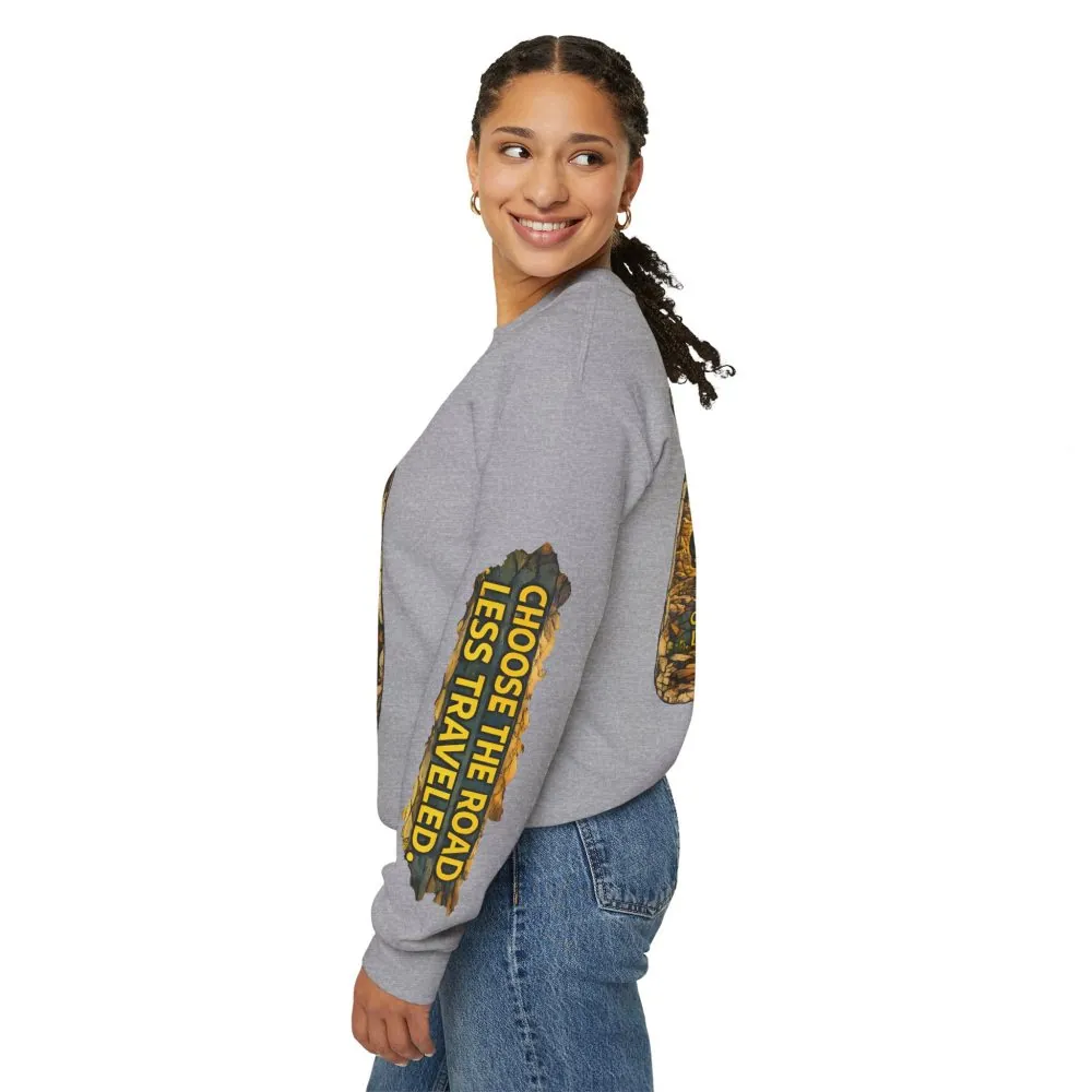 Unisex Heavy Blend™ Crewneck Sweatshirt — "Choose The Road Less Traveled" Design Cubic-Line