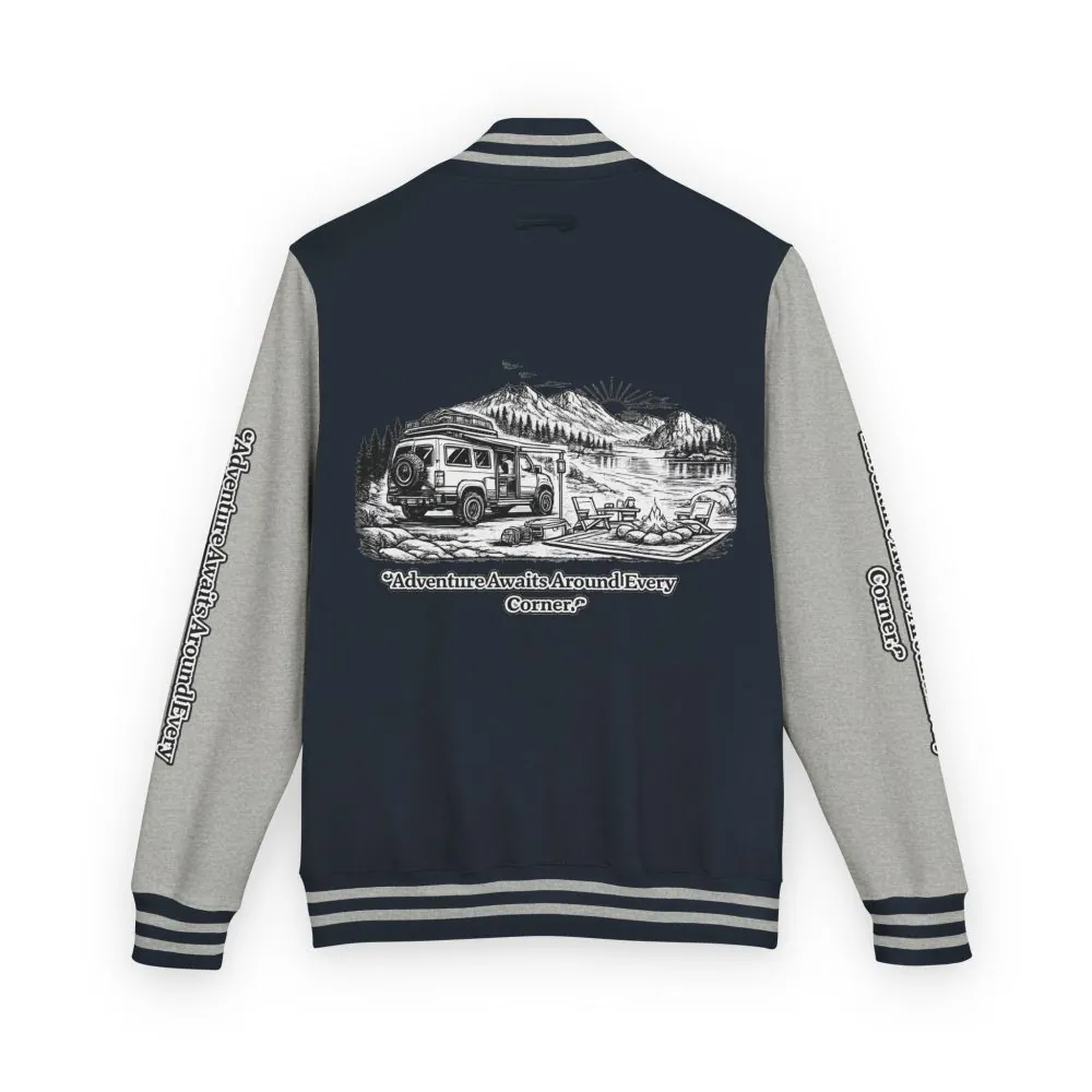 Unisex Heavyweight Letterman Jacket — "Adventure Awaits Around Every Corner" Travel Varsity Coat