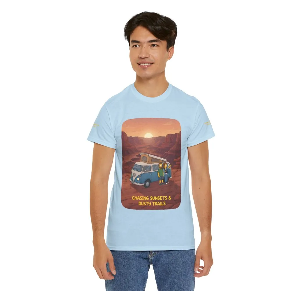 Unisex Heavy Cotton Tee — "Chasing Sunsets And Dusty Trails" Design Sitcom-Line