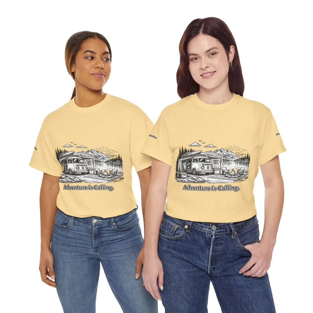 Unisex Heavy Cotton Tee — "Adventure Is Calling" Design Minimal-Line