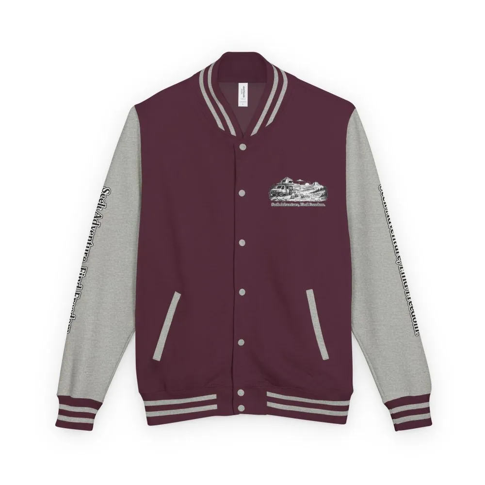 2697654826231084386_2048.jpeg Unisex Heavyweight Letterman Jacket — "Seek Adventure, Find Freedom" Travel Varsity Coat