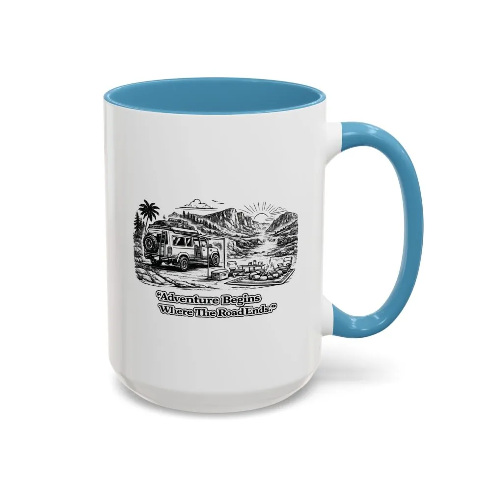 Accent Coffee Mug (11, 15oz) — "Adventure Begins Where The Road Ends" Design Minimal-Line