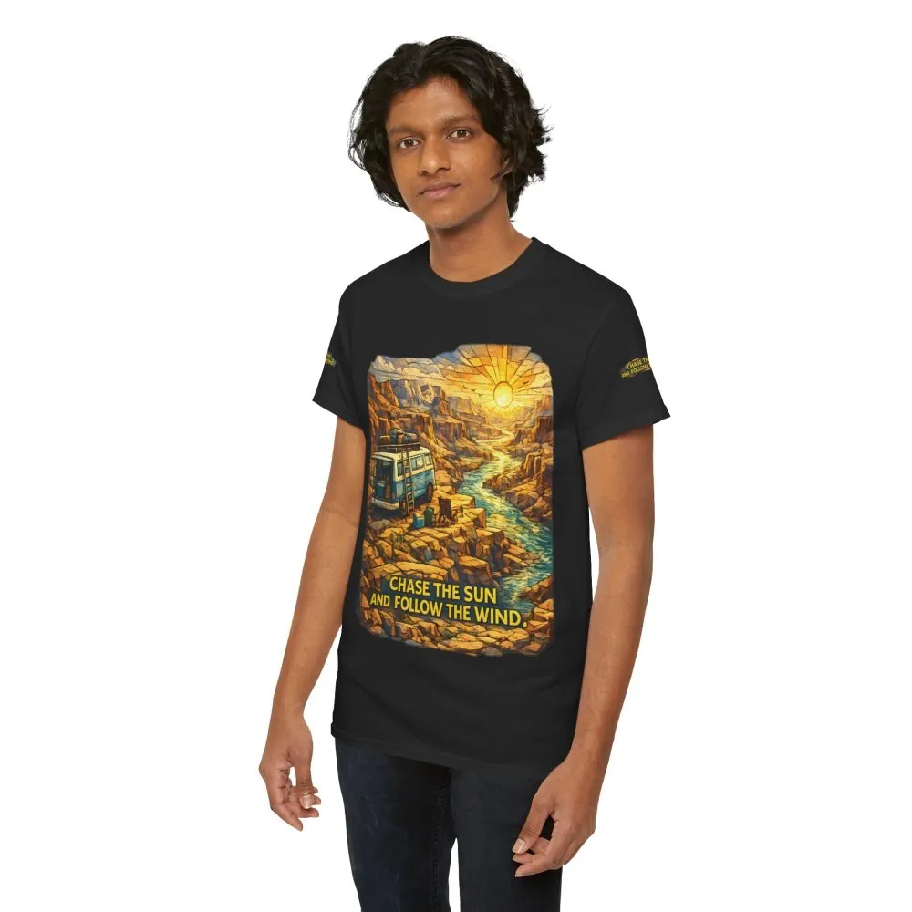 Unisex Heavy Cotton Tee — "Chase The Sun And Follow The Wind" Design Cubic-Line