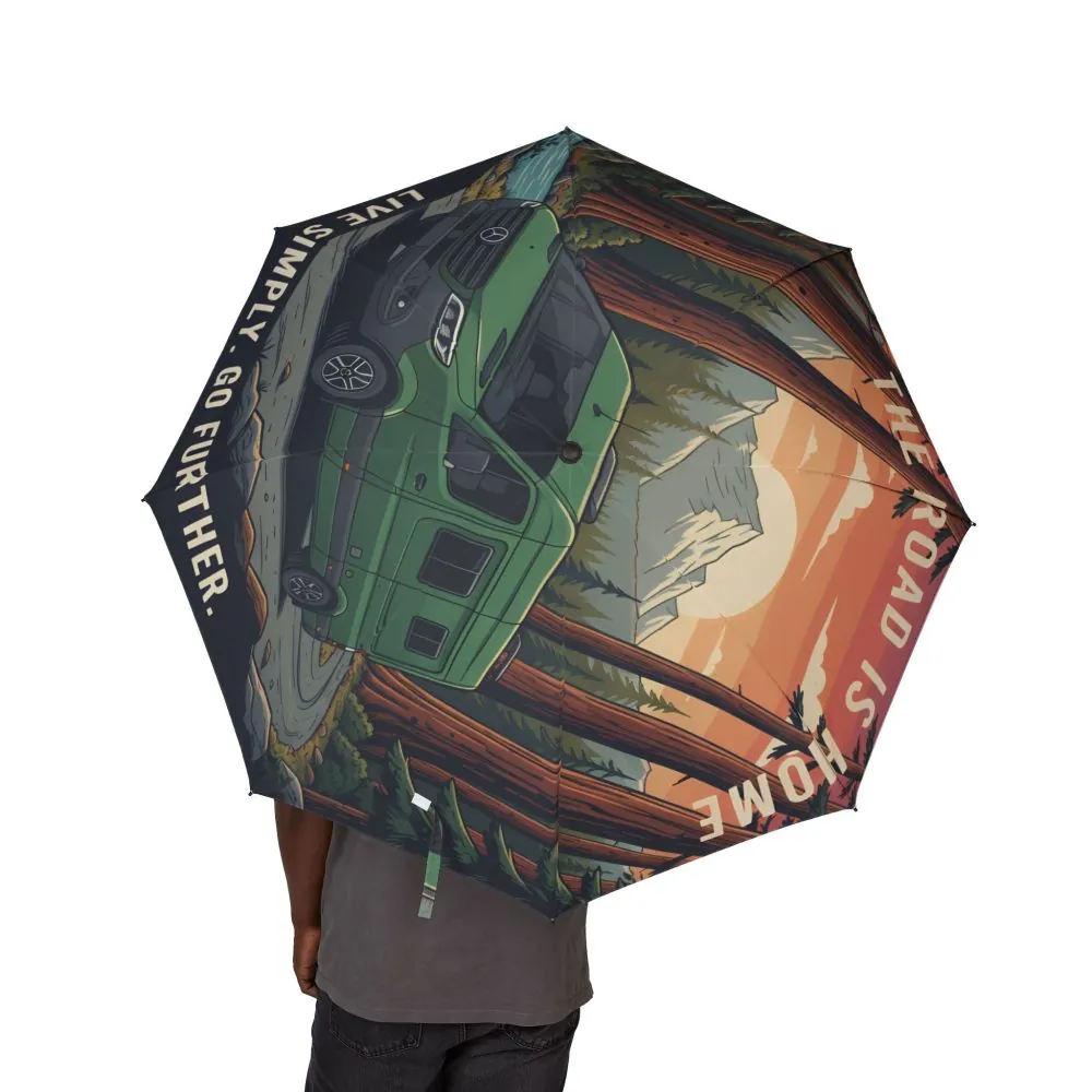 Semi-Automatic Foldable Umbrella — "The Road Is Home-Live Simple Go Further" Vintage Adventure Print