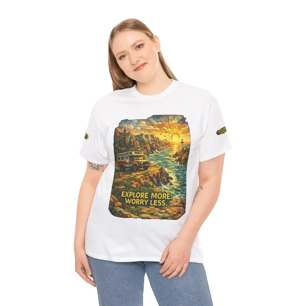 2742212621331724563_2048.jpeg Unisex Heavy Cotton Tee — "Explore More Worry Less" Design Cubic-Line